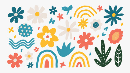 Assorted floral and botanical elements with rainbow accents on a white background display of nature