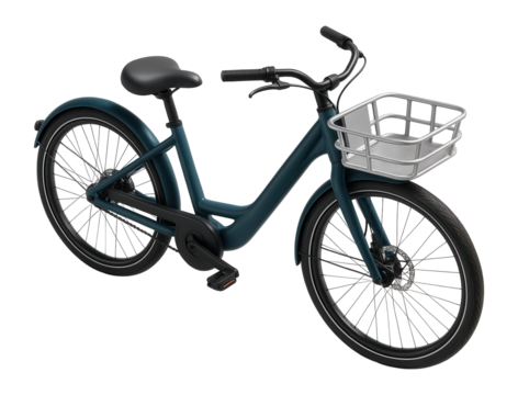 Step-through electric bicycle with a low-slung frame and front basket