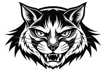 Feline predator face shows sharp teeth and threatening eyes with a black and white theme