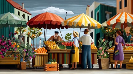Obraz premium Vibrant market scene with fresh produce and colorful umbrellas.