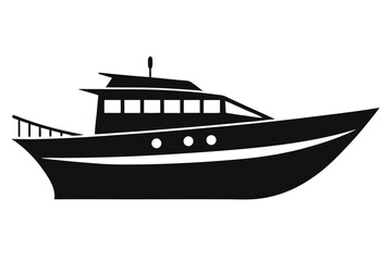 A sleek black yacht silhouette glides smoothly against a plain white canvas