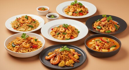 Serving Several Plates of Shrimp Pasta with Tomato Sauce and Vegetables