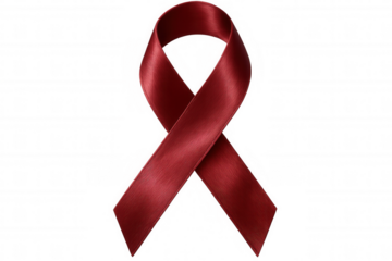 Red awareness ribbon representing solidarity for drug addiction, hiv, multiple myeloma health campaigns, displayed on transparent surface