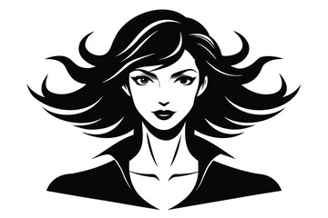 Elegant woman with stylized black hair and collar stands against a white background