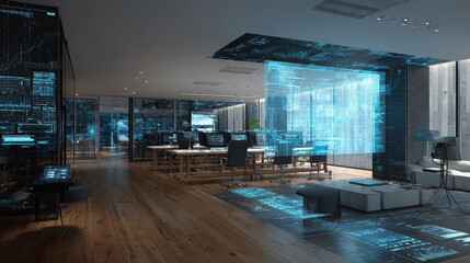 Futuristic office space with digital displays and data streams