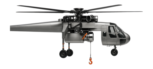 Sky crane helicopter with visible winch system and central cockpit