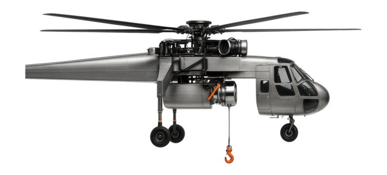 Sky crane helicopter with visible winch system and central cockpit