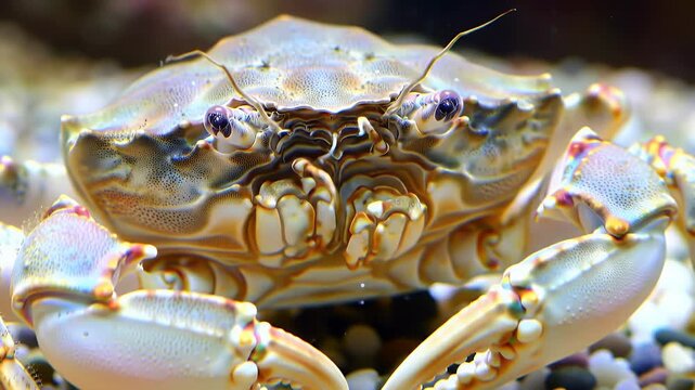 Detailed close-up of a light-colored crab resting on a rocky seabed, showcasing its eyes and claws in an underwater habitat.