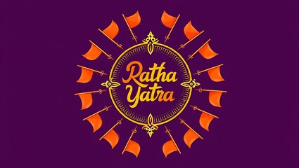 Fototapeta premium Ratha Yatra Festival Illustration with Orange Flags and Ornate Circle on a Purple Background Promoting Cultural Celebration