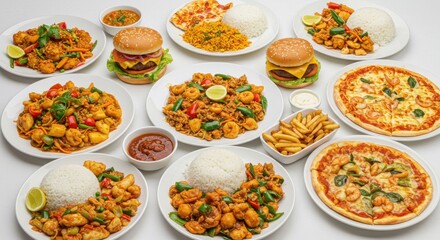 Assorted Food Dishes on White Background Variety of Cuisine