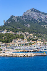 Port de Soller on Mallorca island mountains landscape vacation by the sea portrait format in Spain