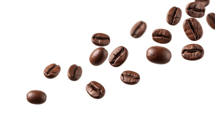 Obraz premium Multiple dark roasted arabica coffee beans, various sizes, flying, tumbling mid-air against transparent studio background with abundant copy space, ultra photorealistic high-speed macro shot with