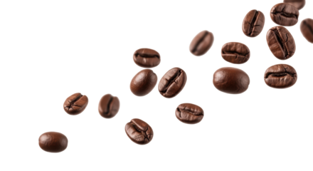 Multiple dark roasted arabica coffee beans, various sizes, flying, tumbling mid-air against transparent studio background with abundant copy space, ultra photorealistic high-speed macro shot with