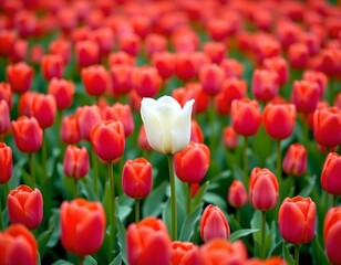 Fototapeta premium Elegant White Tulip Surrounded Vibrant Red Tulips