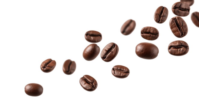 Multiple dark roasted arabica coffee beans, various sizes, flying, tumbling mid-air against transparent studio background with abundant copy space, ultra photorealistic high-speed macro shot with