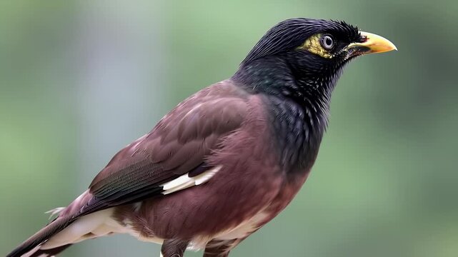 Common Myna bird with striking yellow eye patch and beak, close-up portrait in natural habitat