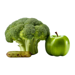 Fresh Broccoli, Green Apple, and Banana on a Transparent Background