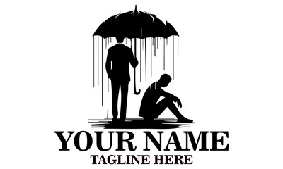 illustration rainy day umbrella walking men. Melancholic black silhouette vector illustration of a lone man walking in the rain under an open umbrella