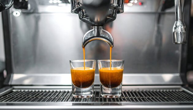 Double Espresso Shot Pouring from Professional Machine into Glass Cups