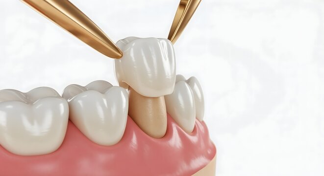 Photorealistic 3D render of zirconium dental crown placement on prepared tooth stump, showing realistic anatomy, textures, and precise fit under soft studio lighting.