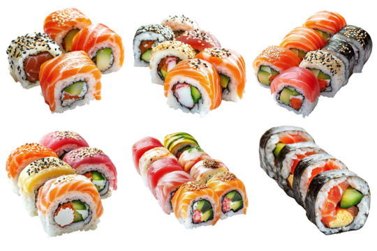 Set of tasty sushi roll sets isolated on a transparent background PNG - Powered by Adobe