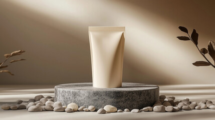 A cosmetic tube mockup on a stone podium with pebbles and soft shadows, a concept of natural skincare, perfect for elegant beauty product branding