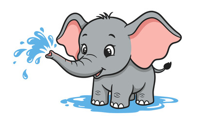 Obraz premium Adorable Baby Elephant Playing with Water Cute Cartoon Illustration