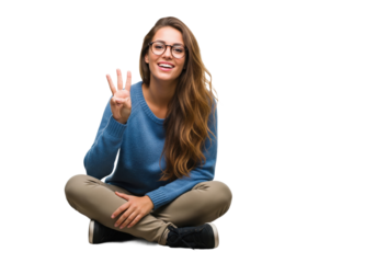 Smiling woman sitting and showing the number three isolated on a transparent background