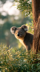 A koala peeks out from under a tree in the forest