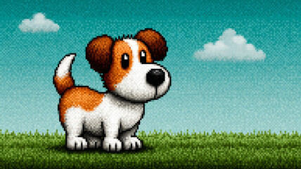 Pixel art of a cute cartoon dog on grass with clouds in sky.