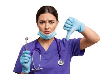 Unhappy dentist giving a thumbs down isolated on a transparent background