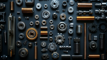 Fototapeta premium A flat lay of various mechanical gears, tools, and metal parts on a dark surface, a concept of engineering, perfect for industrial or tech backgrounds