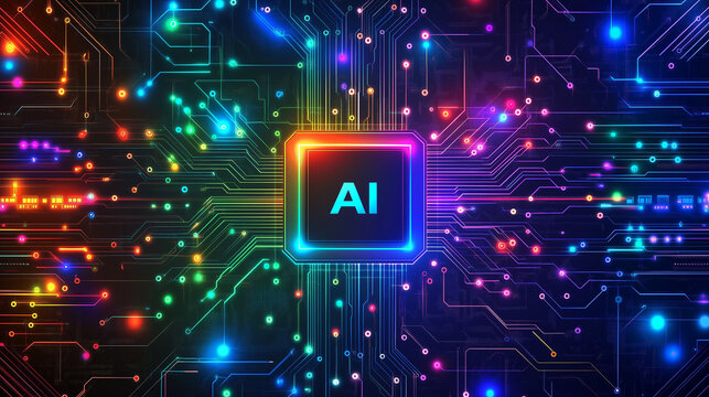 A glowing AI processor chip on a vibrant, colorful circuit board, a concept of advanced artificial intelligence, perfect for modern tech presentations