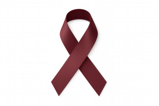 Burgundy awareness ribbon representing support for multiple myeloma, waldenstrom macroglobulinemia, and head and neck cancer, isolated on transparent background