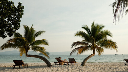 Tropical beach with palm trees and sun loungers by the sea, perfect destination for summer vacation, relaxation, and exotic travel.