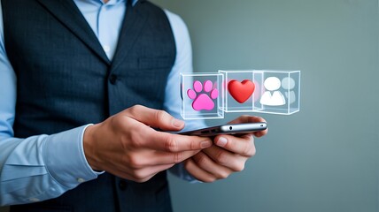 Man holding smartphone with holographic icons for pets health and people