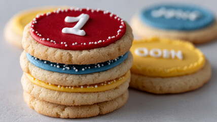 Stack of colorful iced cookies with numbers on top.