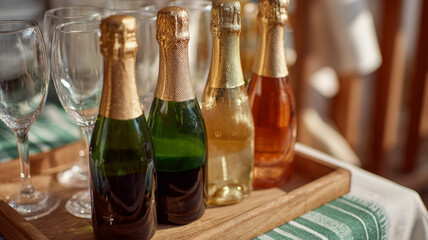 Champagne bottles and glasses on a festive table setting.