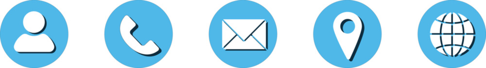 Set of five blue and white round contact information icons, including person, phone, email, location pin, and globe symbols for web and print design