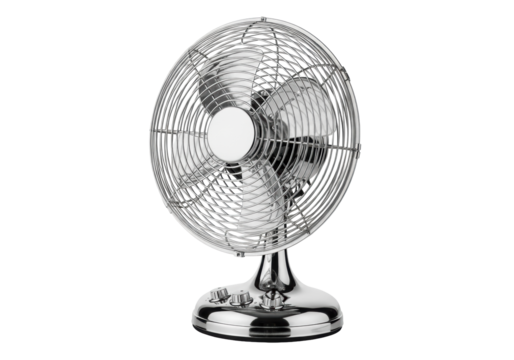A retro-style metallic desk fan with highly reflective shiny silver blades, protective metal cage, and control knobs on a sturdy base, casting subtle soft shadows against a pristine transparent