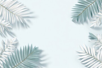 Light teal and white tropical leaves arranged in corners on a light blue background