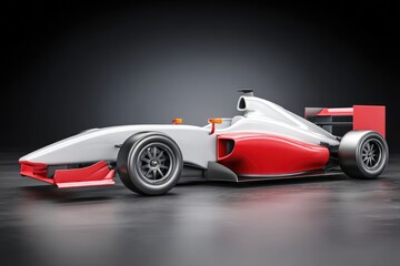 Sleek racing car, white and red, poised on dark surface