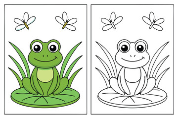 Cartoon frog sitting on lily pad with dragonflies illustration