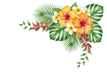 Photorealistic watercolor tropical floral arrangement with orange hibiscus, creamy plumeria, green monstera, red berries, flowing on a transparent background, flat lay, no shadows, commercial design