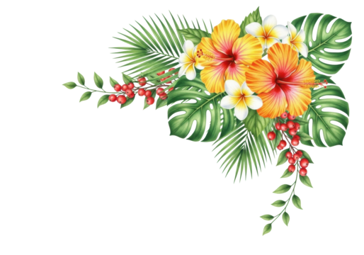 Photorealistic watercolor tropical floral arrangement with orange hibiscus, creamy plumeria, green monstera, red berries, flowing on a transparent background, flat lay, no shadows, commercial design