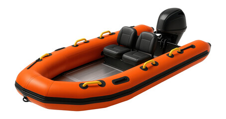 Inflatable fire rescue boat with bright orange pontoons and outboard motor