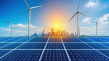 A modern city skyline with solar panels and wind turbines blending into the urban landscape
