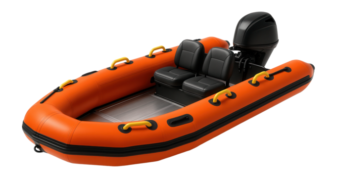 Inflatable fire rescue boat with bright orange pontoons and outboard motor