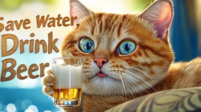 Cute cat with glass of beer and save water quote on summer day