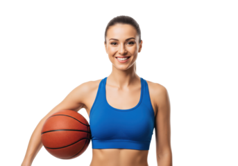 Smiling woman holding a basketball isolated on a transparent background

